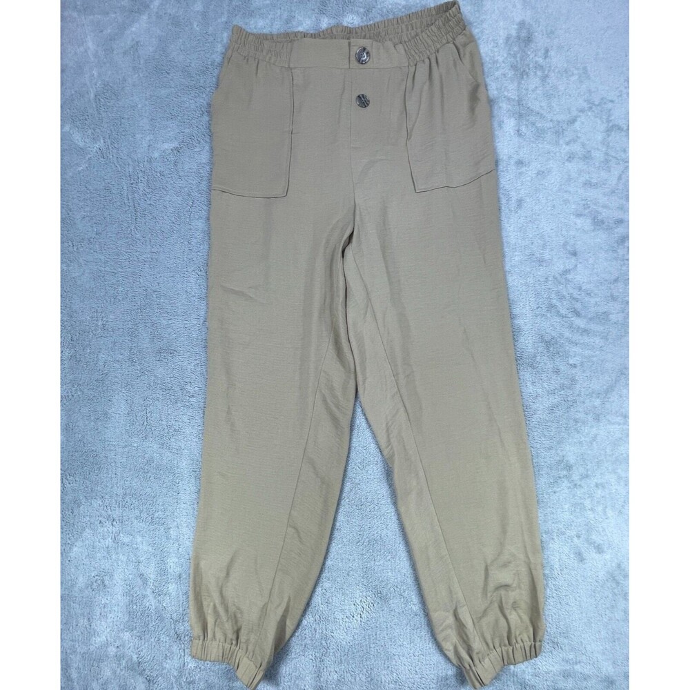 Ashley Stewart Jogger Pants Women 14/16 Tan Cornstalk Button Detail High Rise